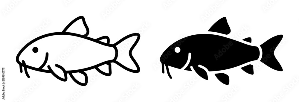 Fototapeta premium Simple Fish Icons, Outline and Silhouette, Aquatic Life Vector Graphics, Marine Animal Symbols for Design