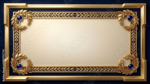 Ornate gold rectangular frame with blue sapphire gemstones and laurel leaves on a textured paper background