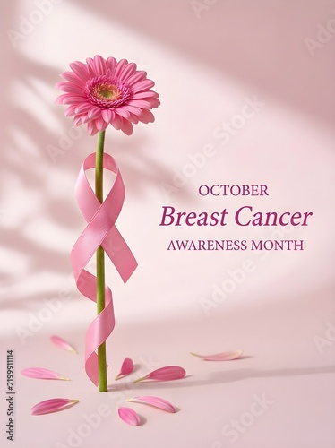 Breast cancer awareness month poster with pink ribbon, gerbera daisy flower on pastel background, October health campaign concept