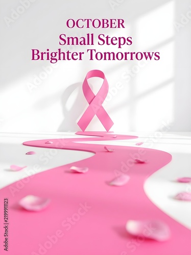 Breast cancer awareness month poster with pink ribbon, October small steps brighter tomorrows quote, pink path with rose petals on white background