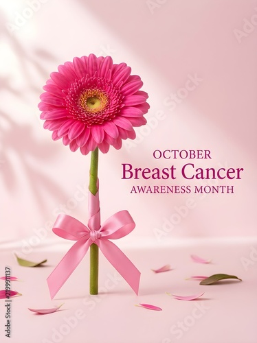 Breast cancer awareness month poster with pink gerbera daisy, october health campaign banner, floral ribbon decoration on pastel background