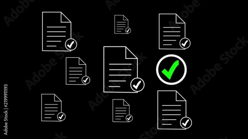 Business person using a laptop with document icons with checkmarks representing document management, quality control, and digital work flow. Motion graphics of document verify concept,4k motion video