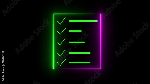 A neon line drawing depicts a checklist with five check marks indicating completed tasks. document clipboard icon- 4k glowing black background icon animation