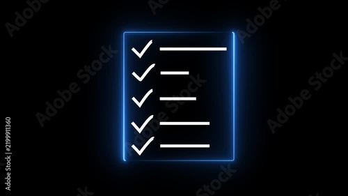 A neon line drawing depicts a checklist with five check marks indicating completed tasks. document clipboard icon- 4k glowing black background icon animation