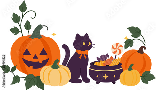 Cuadro en lienzo Cute Halloween Decoration Elements with Jack-o-Lantern Black Cat and Cauldron