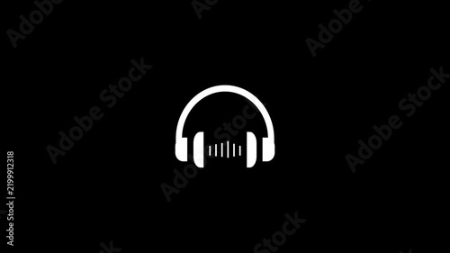 Minimalist White Headphone Icon with Sound Wave Equalizer Spectrum Isolated on Black Background...
