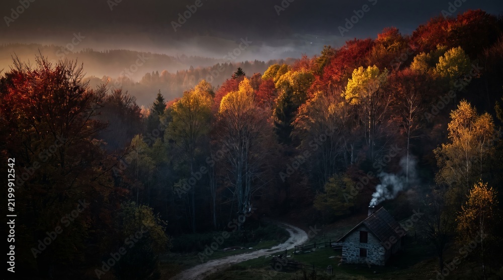 Fototapeta premium Rural cottage nestled in autumn forest with winding mountain road