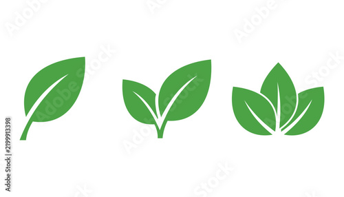 Set of simple green leaf icons representing nature and growth with minimalist flat design for eco friendly and organic themes