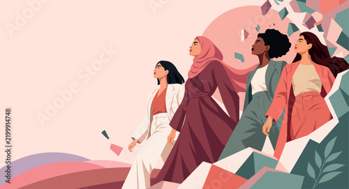 March 8, Women's Day. Strong women from different cultures overcome barriers and obstacles, break stereotypes, move forward together. Vector poster symbol women's empowerment, women's rights, equality