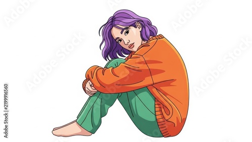 A young person with purple hair sitting alone