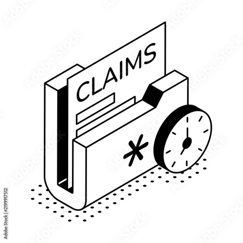 Black and white isometric illustration of claims folder with clock symbol representing an insurance claim waiting for review or processing. Clean line artwork.