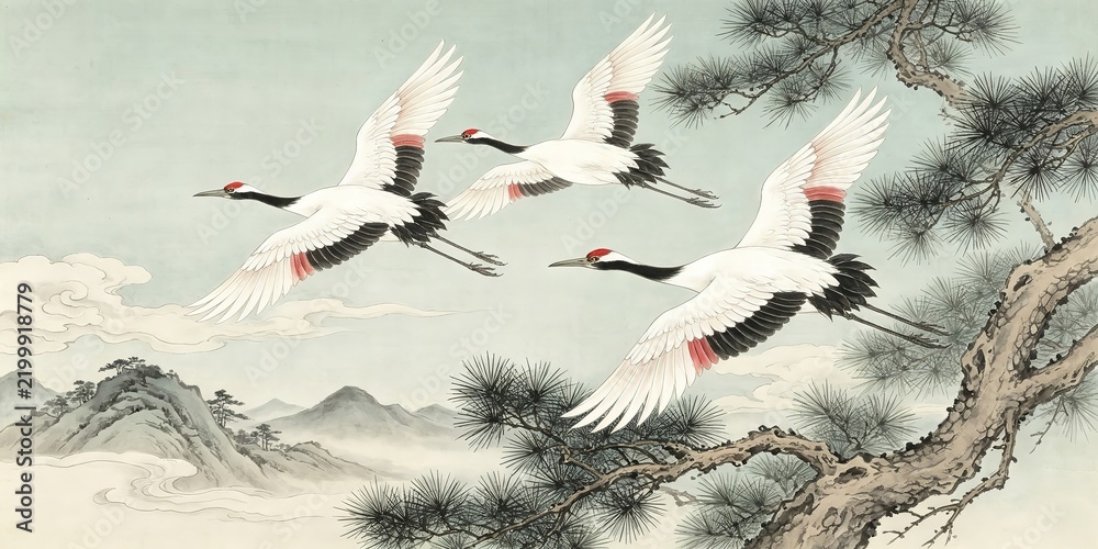 Fototapeta premium Four Red Crowned Cranes Flying Over Pine Branches Clouds Distant Mountains Ink Wash