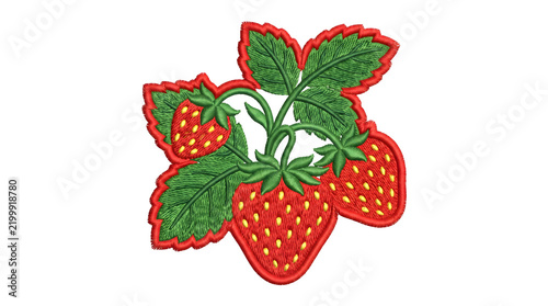 Embroidered strawberries arranged as individual and grouped motifs reveal colorful thread textures and botanical forms on white or transparent background