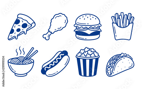 Blue ice cream sundae icon with a cherry and wafer cookie in a glass bowl line art illustration