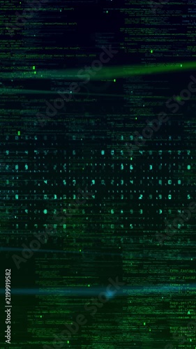 Green programming code, numbers data streams move across a dark cyber interface, creating high demand technology software, security, hacking, server, encryption, analytics digital network projects.