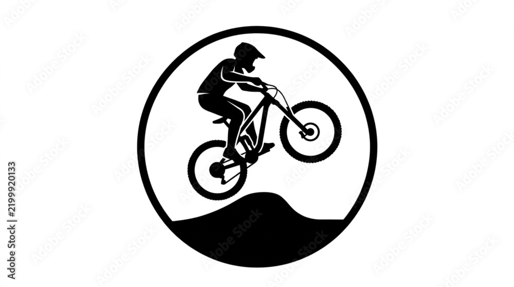 Obraz premium Mountain bike rider silhouette jumping over hill inside circular frame icon