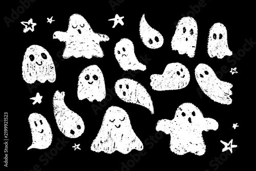 Funny crayon ghost set. Halloween cute hand drawn ghosts collection