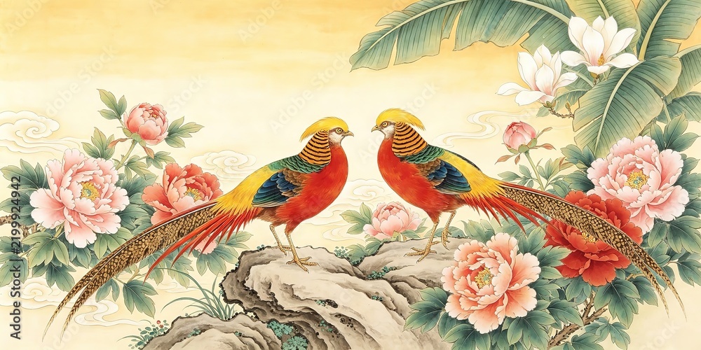 Obraz premium Traditional Chinese Painting Pair Of Golden Pheasants On Rock With Peonies Magnolia Banana Leaves And Auspicious Clouds