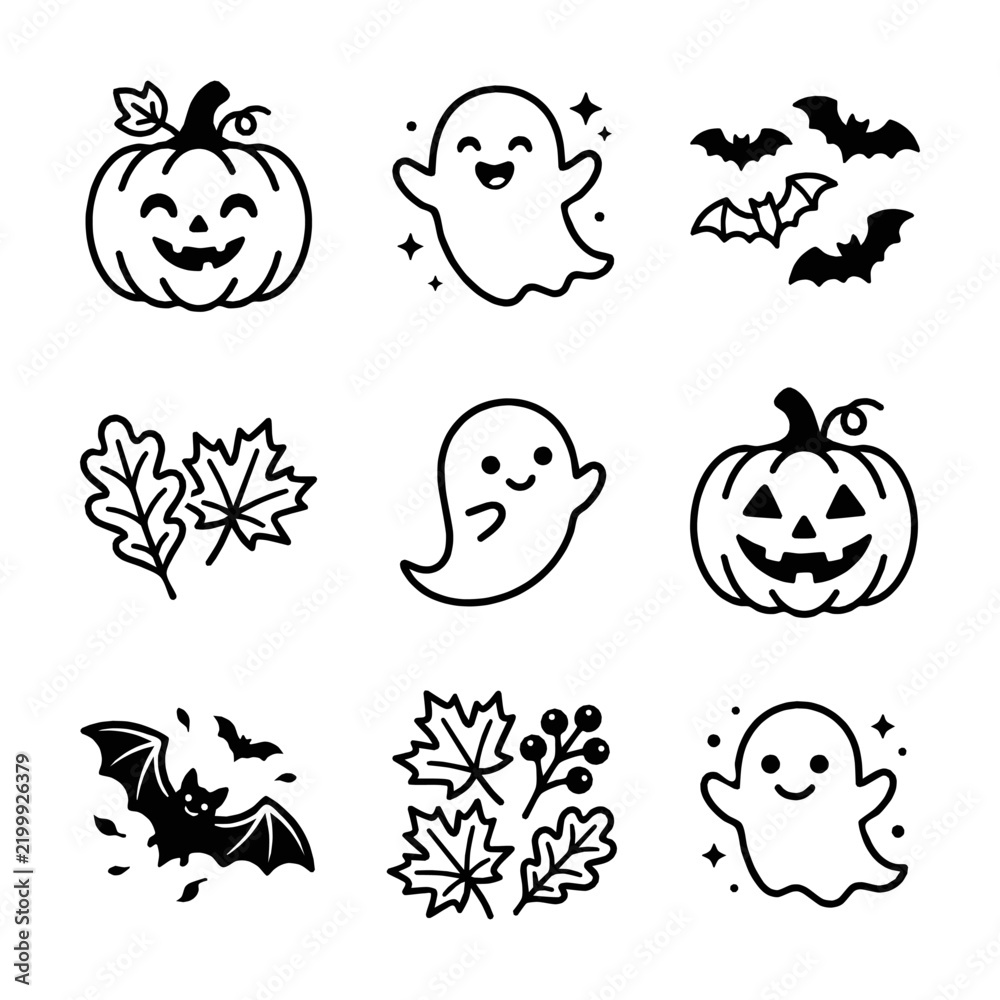 Fototapeta premium Cute autumn and halloween holiday icon set graphic design with pumpkin ghost and bat symbols