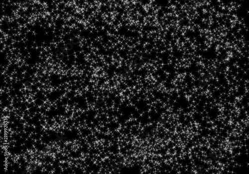 Dense field of white four-pointed stars scattered across a solid black background, space de