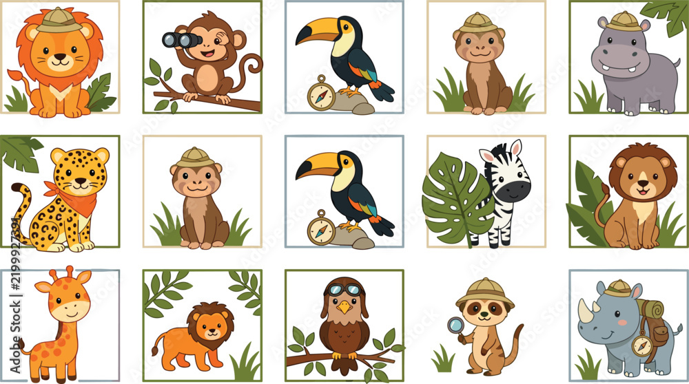 Obraz premium Cute Safari Animal Character Collection with Lion, Monkey, Toucan, Hippo, Leopard, Zebra, Giraffe, Owl, Rhinoceros, and Adventurous Wildlife Friends