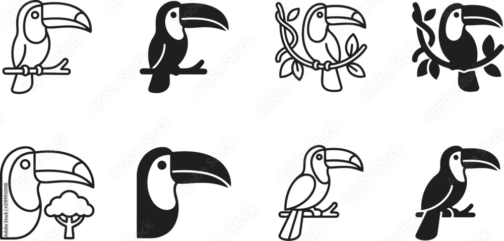 Fototapeta premium Minimalist Toucan Icon Set Featuring Simple Tropical Bird Silhouettes And Line Art Designs For Modern Travel Branding And Nature Logos.