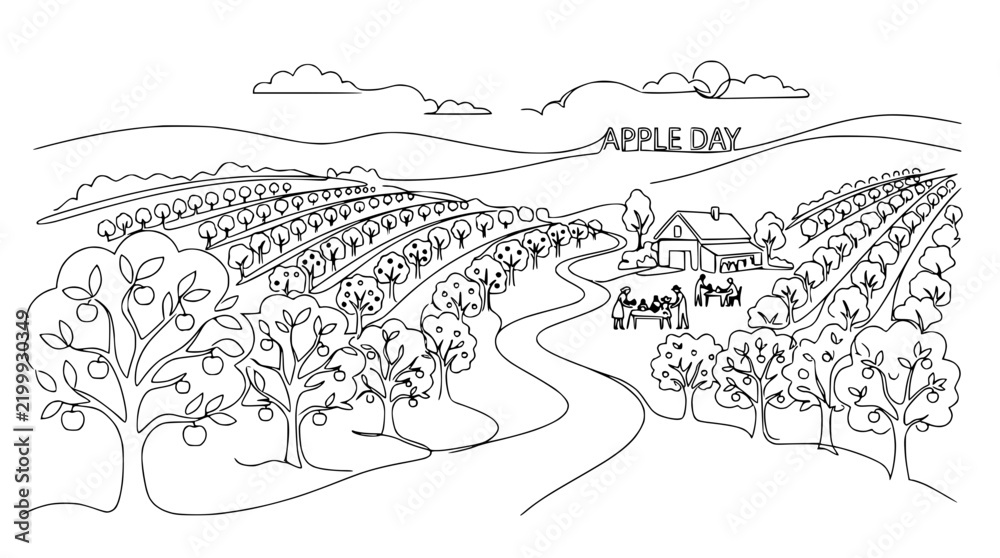 Fototapeta premium Apple Day Celebration in Orchard: Farmhouse, People, and Harvest Scenery