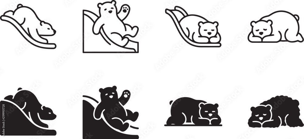 Obraz premium Set Of Minimalist Polar Bear Icons Depicting Playing And Sleeping Poses In Flat Style As A Playful Animal Symbol For Wildlife Design.