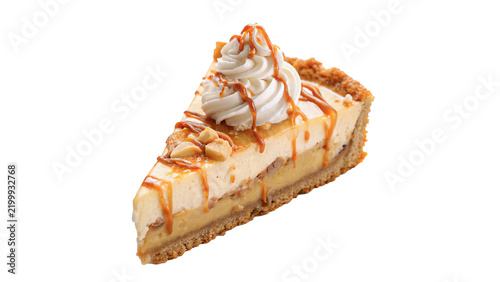 Piece of sweet caramel cheesecake tart on transparent background