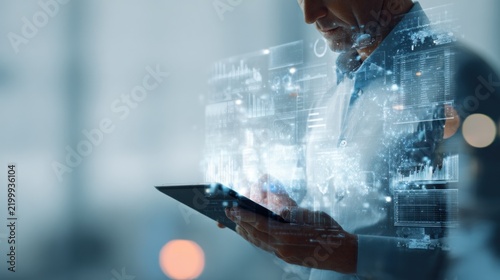 Businessman using tablet with data visualization