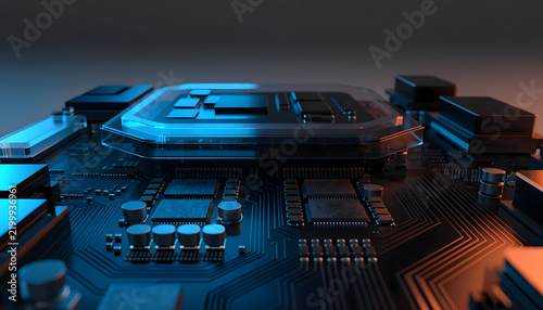 Plakat Modern computer motherboard with glowing central microchip. High speed data processing and semiconductor engineering. Advanced CPU module operating on integrated electronic circuit system