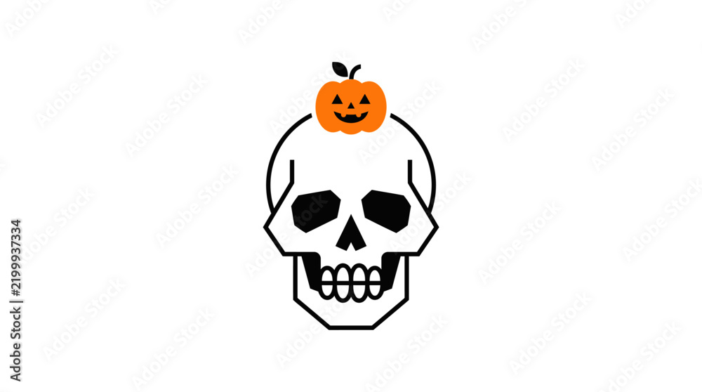 Fototapeta premium A flat vector illustration of a human skull with a tiny jack o lantern on top