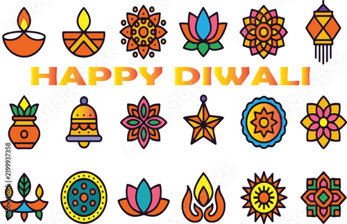 Colorful Diwali vector icon set with traditional oil diya lamps.