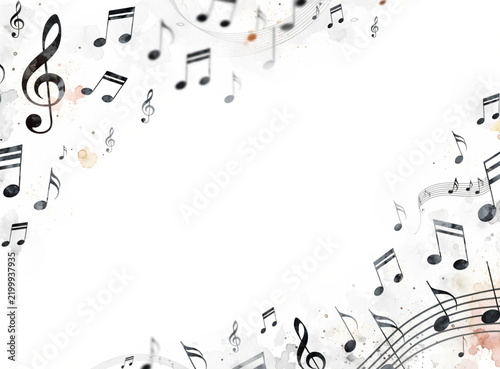 Watercolor and ink sketch illustration of musical notes and staff frame with copy space