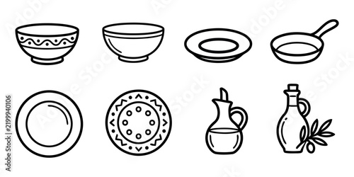 Hanukkah Cooking Essentials and Olive Oil Line Art Icon Set Vector