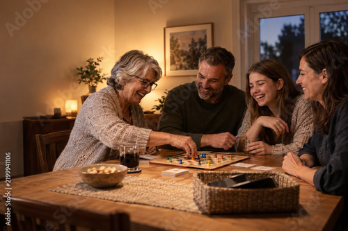 Family time with digital detox in multigenerational family playing board games
