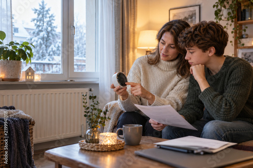 Family checking the energy costs in winter for household budget
