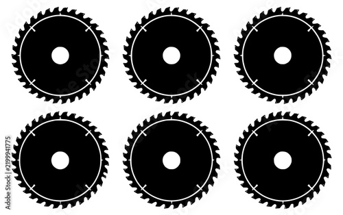 Six circular saw blades arranged set with simple line art design featuring outline, illustration, graphic elements with clean design and vector art