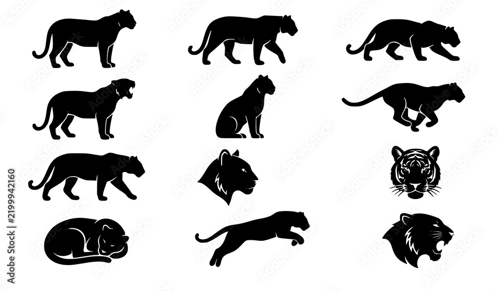 Obraz premium Tiger Vector Silhouette Collection with Majestic Wild Cat Profiles for Logos Tattoos and Mascots