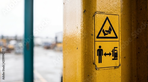 Warning Sign Safety Distance and Hazard Alert on Yellow Post