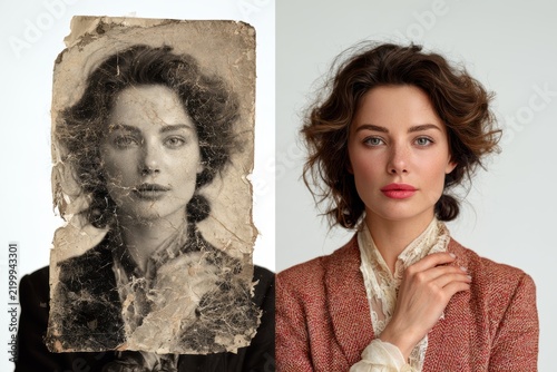 Damaged vintage image of a woman transforming into a perfectly restored modern portrait