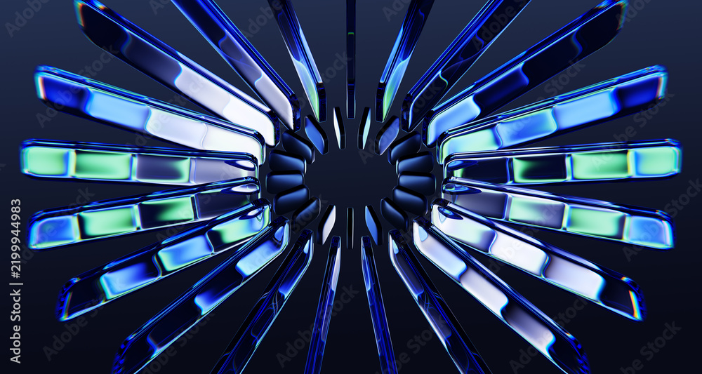Obraz premium Abstract radial glass lines 3D circle pattern. Transparent stripe rays with glowing blue and green neon light, sunburst effect on dark background. Circular graphic array, crystal ring. 3D illustration