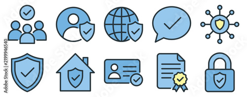 Trusted icon set flat line style security shield collection for protection guarantee and reliable graphic