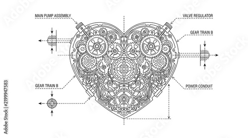 Technical blueprint of a mechanical heart with gears.