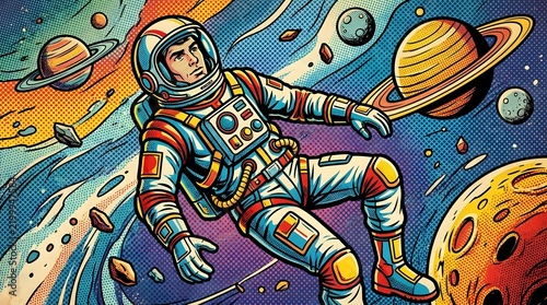 Retro comic book style astronaut floating in space.
