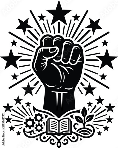 raised fist vector illustration revolutionary protest symbol with stars and book