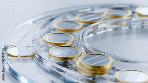 A close-up shot of several gold and silver coins arranged in a circular, metallic track, suggesting finance and wealth