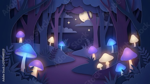 Enchanted night forest with glowing magical mushrooms paper art.