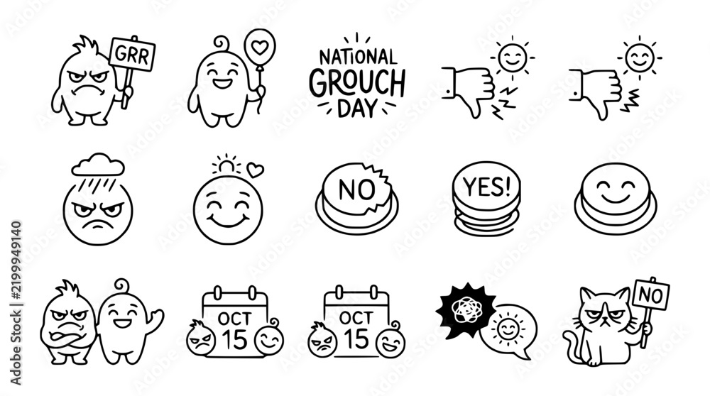 Fototapeta premium Cute Grumpy & Happy Characters, Emoticons, Thumbs Down & Up, Calendar, Cat - Vector Icons
