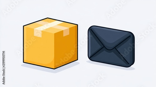A digital illustration of a sealed yellow cardboard box and a closed black envelope side by side on a white background.